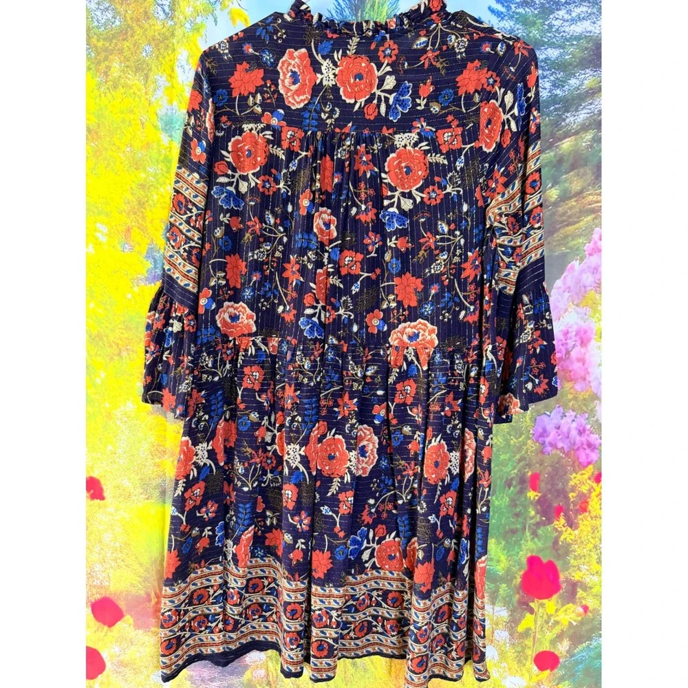 Eri + Ali Floral Metallic Ruffle Boho Mini Dress Size S
